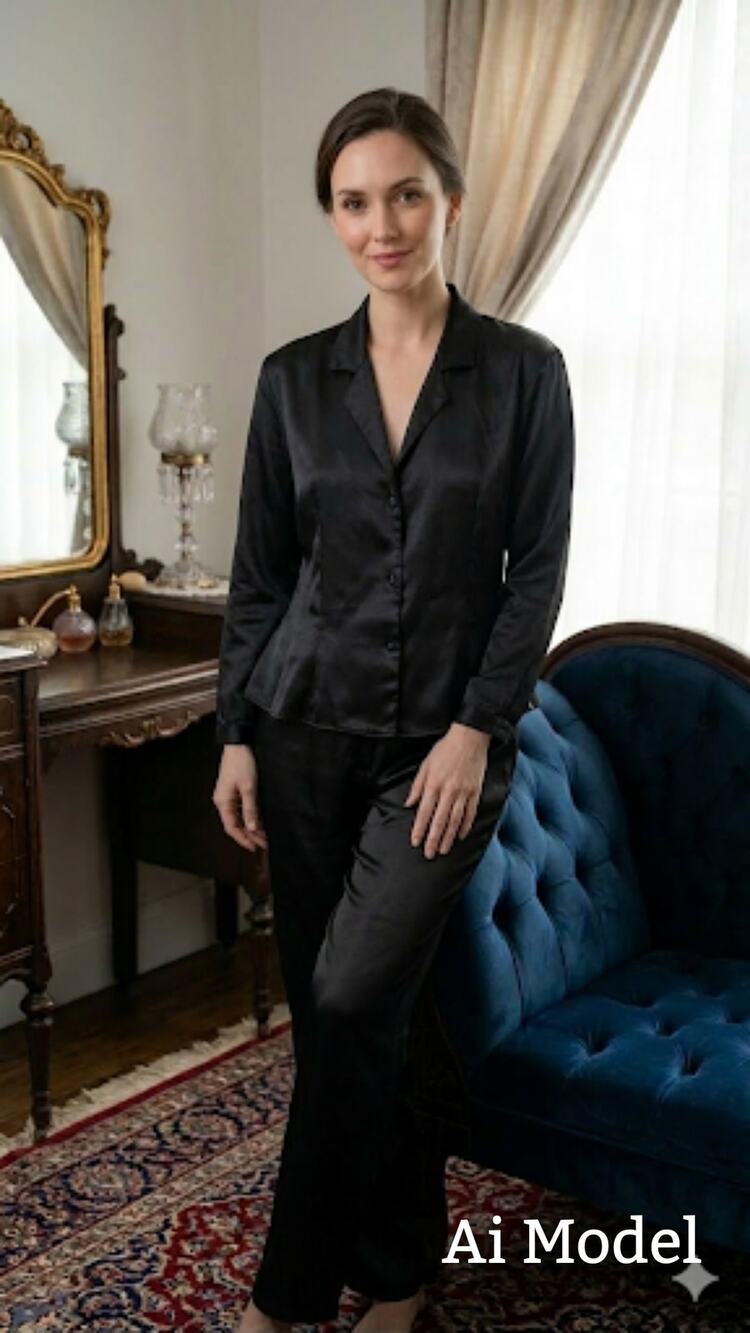 Vtg 90s Cacique Black Satin Pajamas SzL Peplum Cinched Back Pockets Hong KongGUC